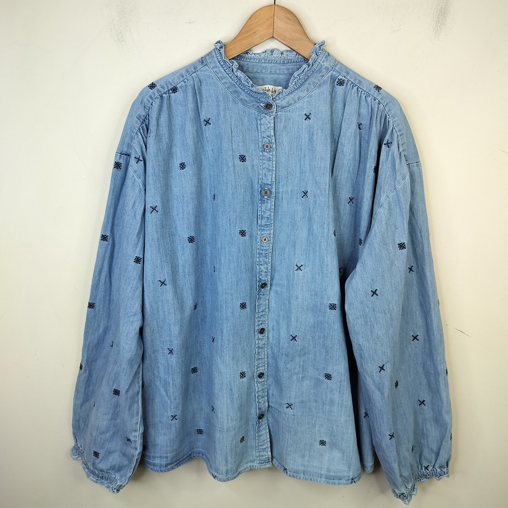 Style & Co Embroidered Denim Shirt XXL Button Up Ruffle Neck Balloon Sleeve